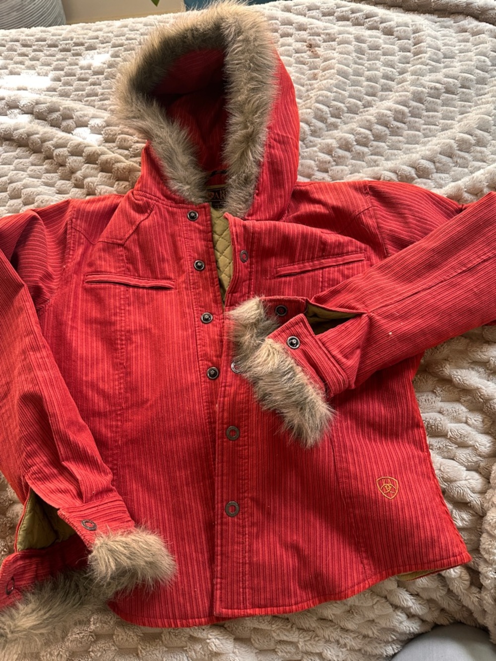 Ariat Red Hooded Puffer Jacket with Faux-Fur Trim